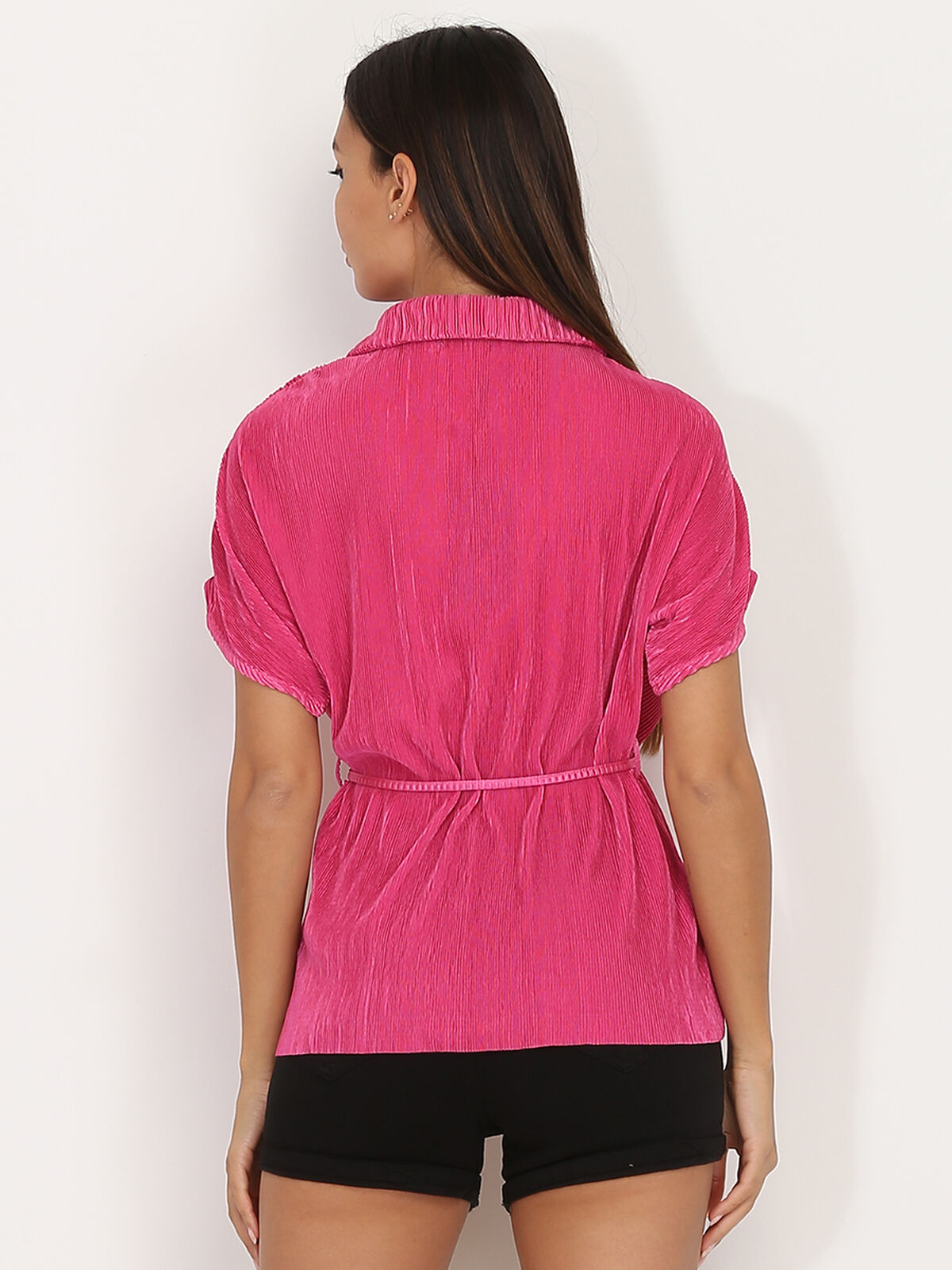 Chemisier plissé effet satiné- Fuchsia