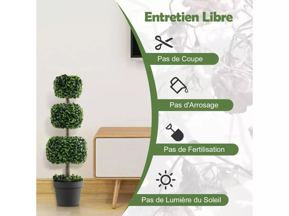 Arbre Topiaire en Buis Artificiel 75 cm de Forme Triple Carrée, Fausse Plante de Buis avec Pot en Plastique Rempli de Ciment, pour Décoration de Maison Bureau Jardin et Entrée