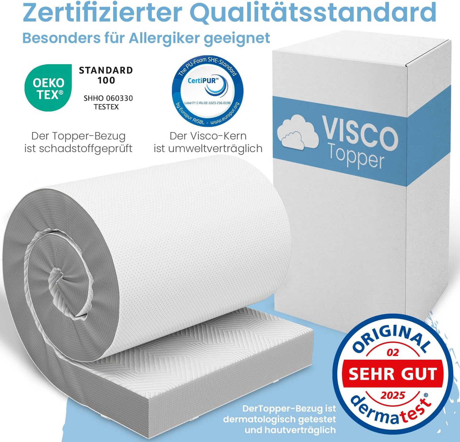 ELONEO Viscoelastischer Matratzen Topper 160x200cm, Matratzentopper mit Memory Foam Effekt, 8 cm Höhe, Matratzenauflage für Bett und Boxspringbett inkl. atmungsaktivem Mesh-Bezug und Eckschlaufen