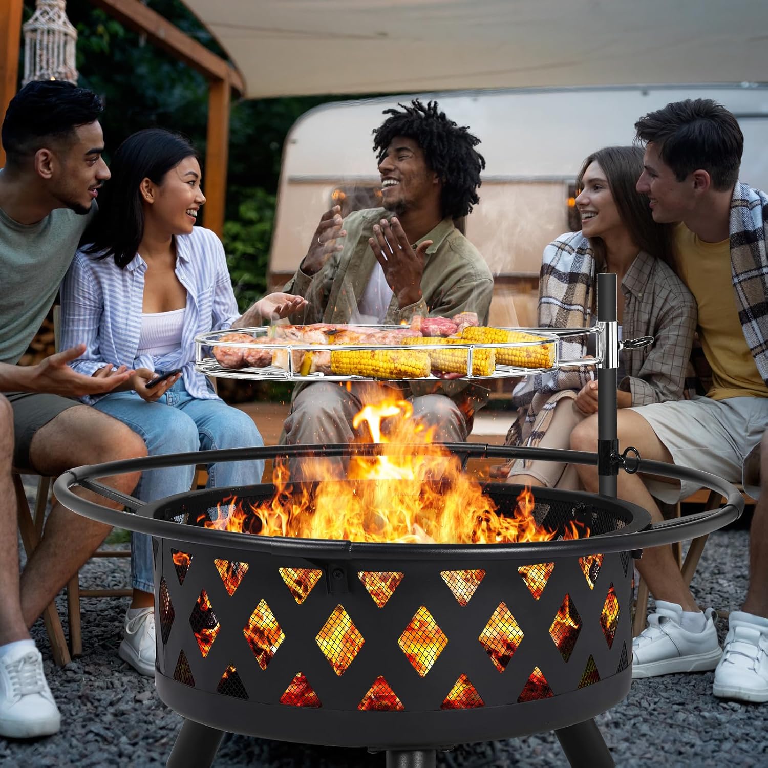 TLSUNNY Feuerschale mit Drehbarem Grillrost, Feuerschale Groß, Feuerschalen für den Garten mit Funkenschutz, Ø 76 cm Feuerkorb mit Schürhaken, BBQ Feuerstelle Outdoor, Multifunktional Fire Pit