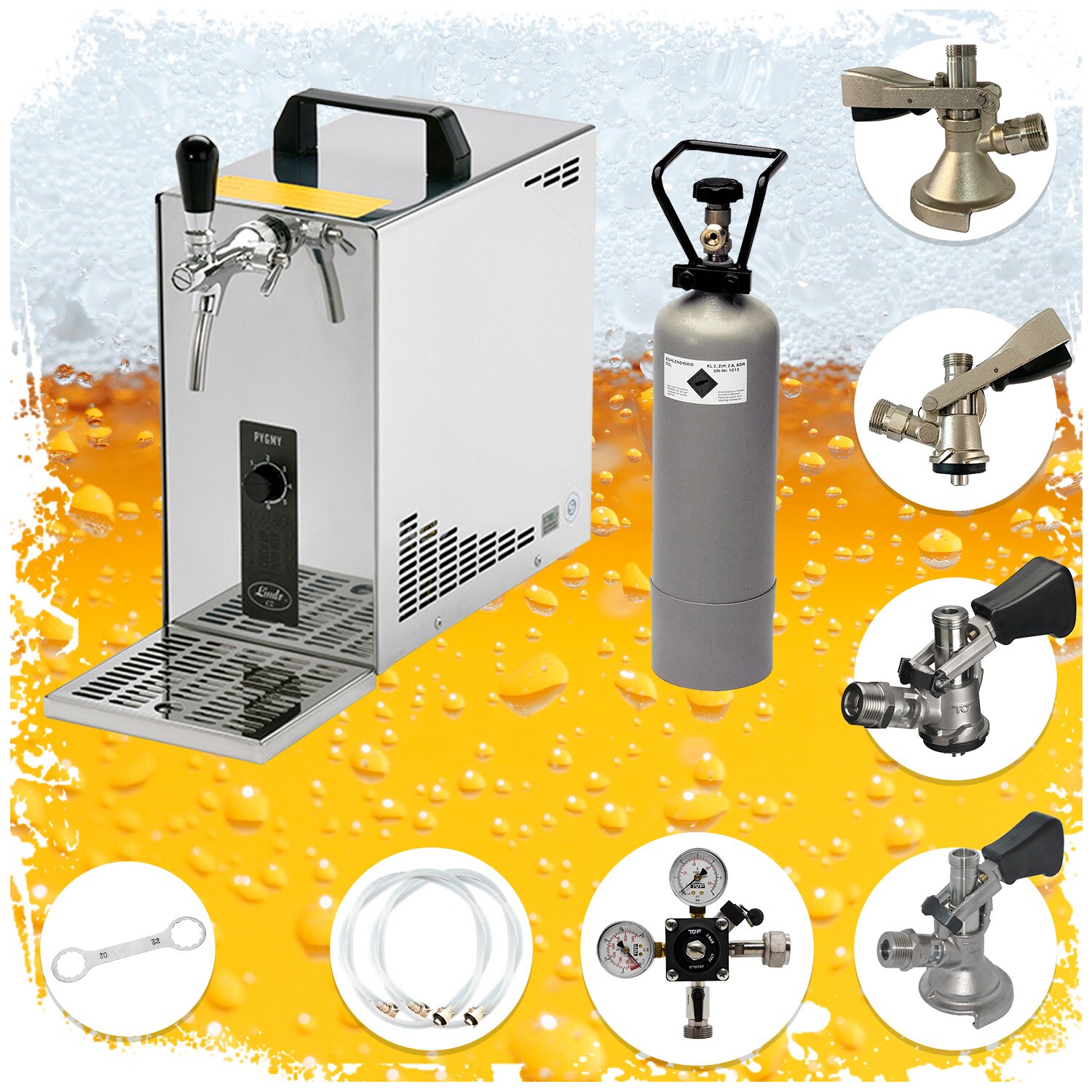 Komplett Set - Zapfanlage, Bierzapfanlage, Bierkoffer, Durchlaufkühler PYGMY 25 LE, 1-leitig Trockenkühler, 30 Liter/h, Green Line, 5 Liter Adapter