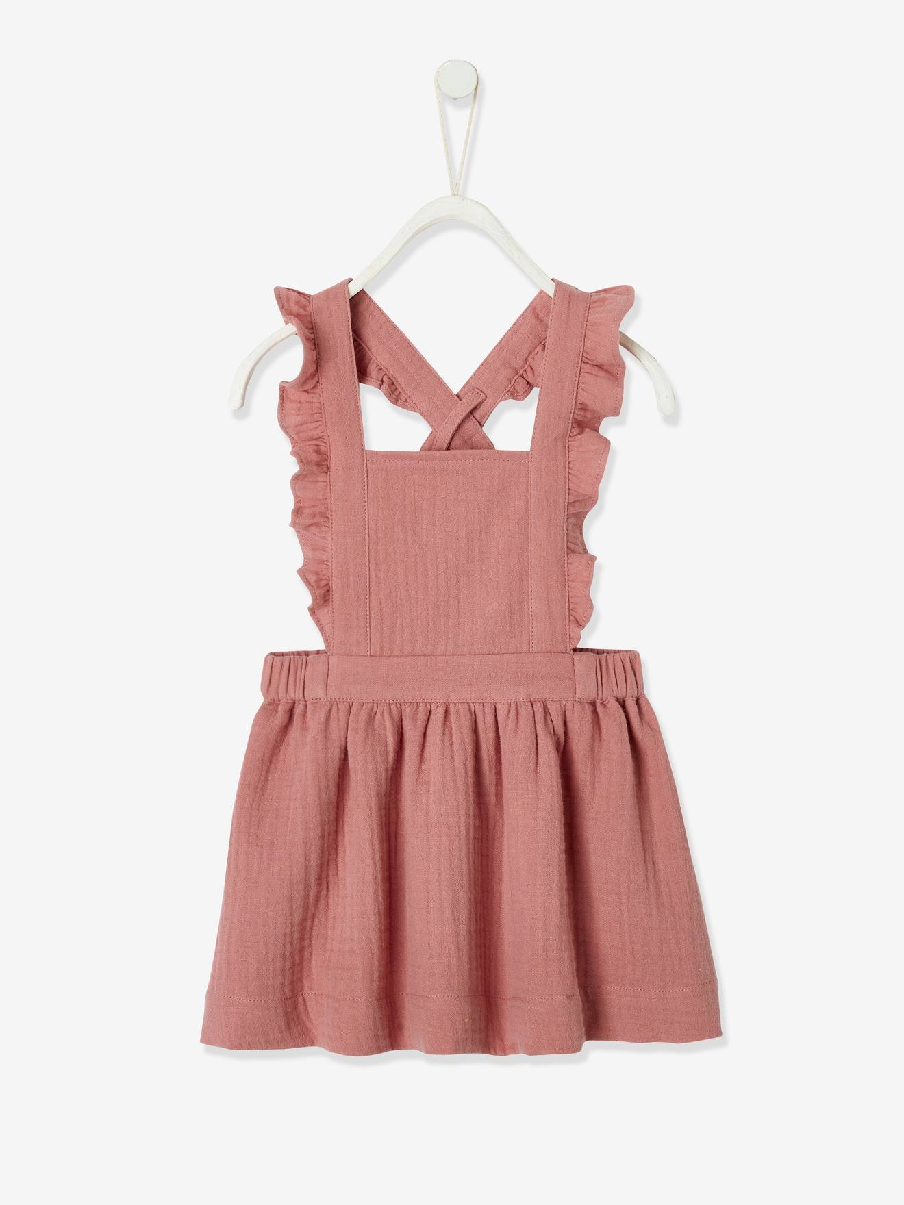 Vestido macacão infantil de chiffon de algodão, rosa liso tamanho médio
