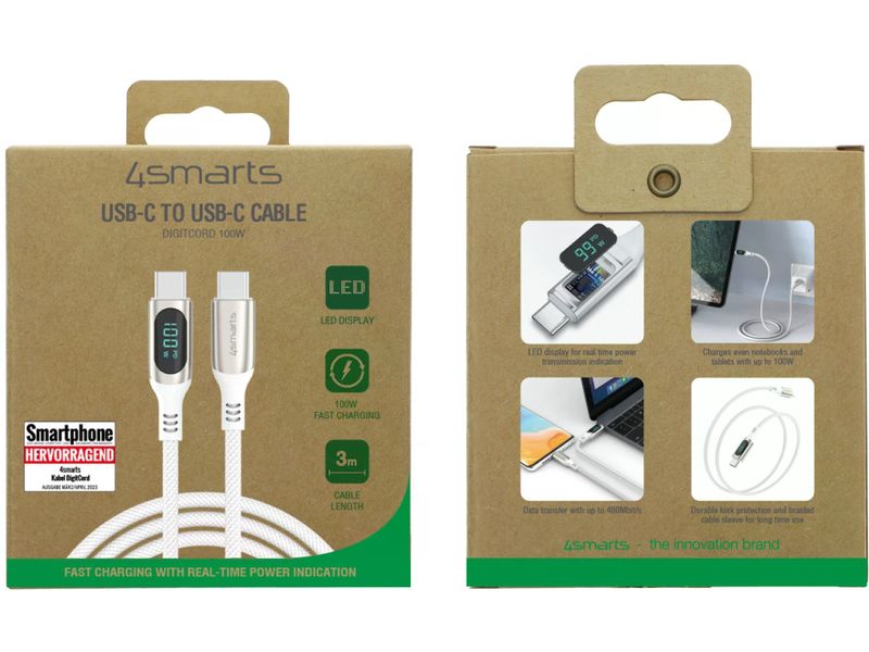 4smarts USB 2.0-Kabel DigitCord bis 100W USB C - USB C 3 m USB-C Kabel DigitCord 100W 3m weiss, Digitales Display