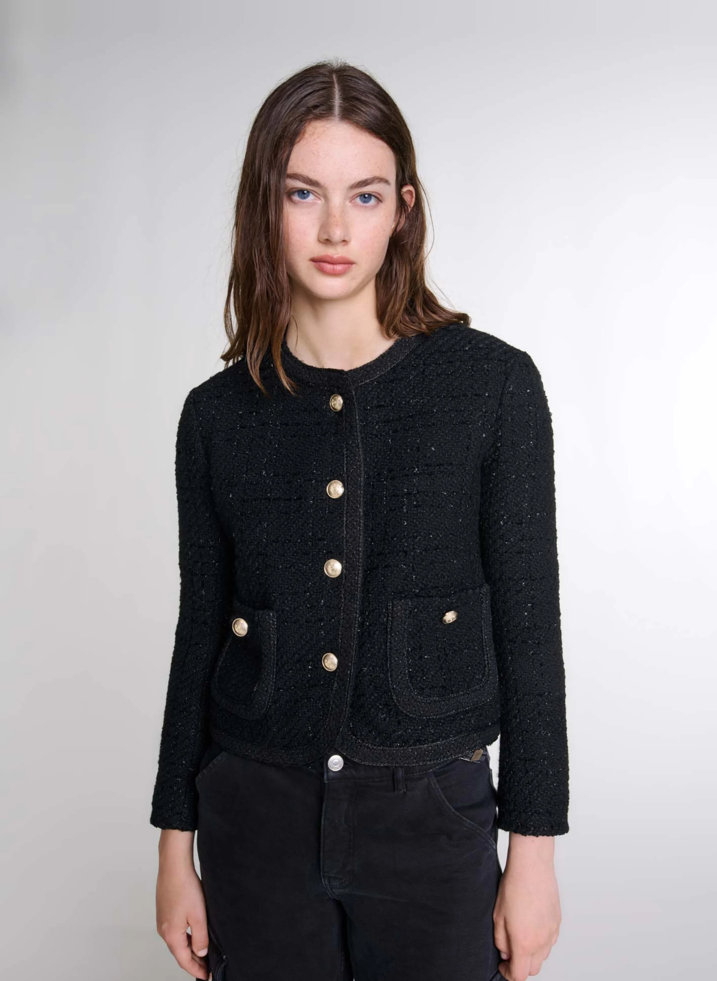 Veste col rond en tweed| Noir