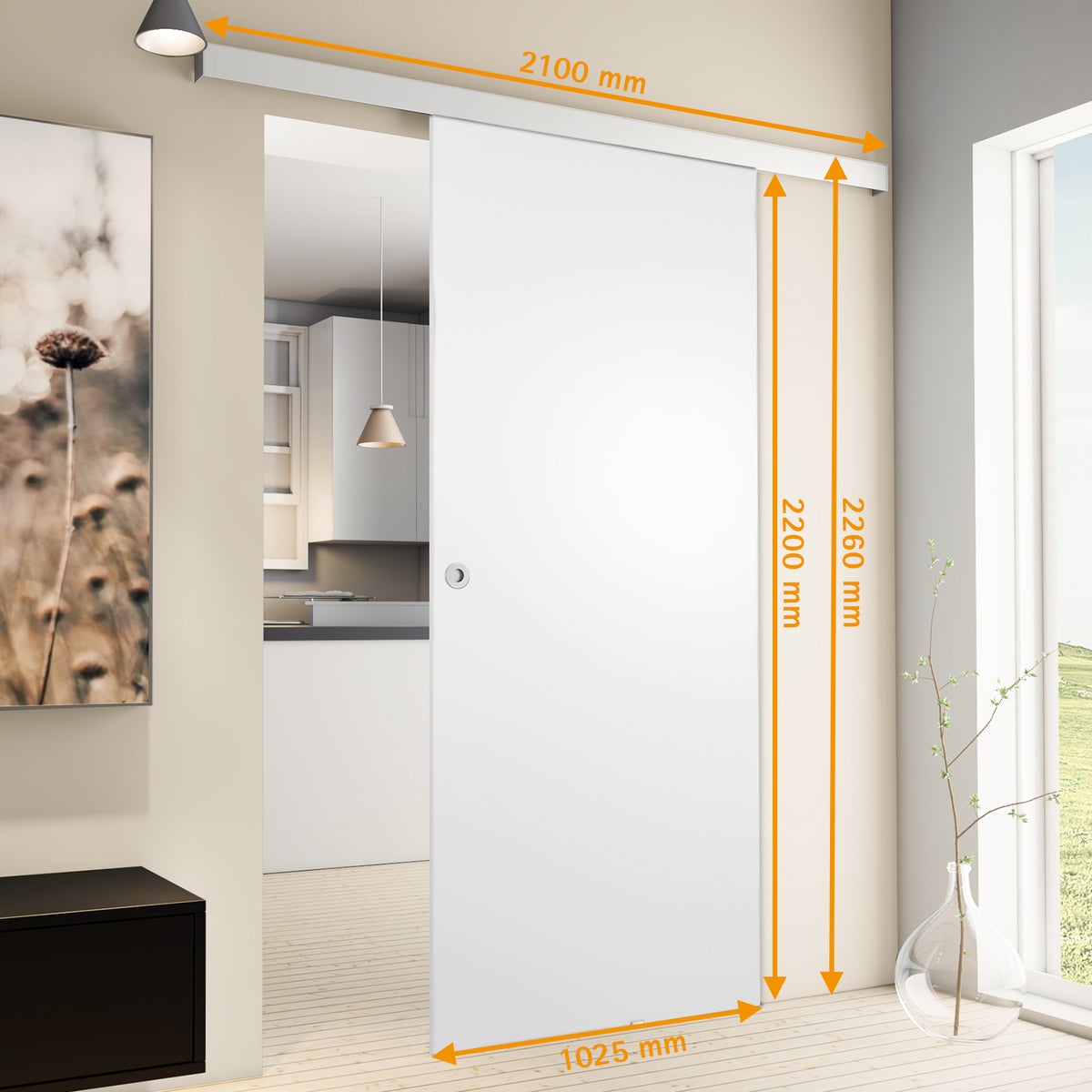 Houten schuifdeur, wit, 1025x2200 mm, binnendeur, houten deur, schuifdeursysteem - verzonken handgreep