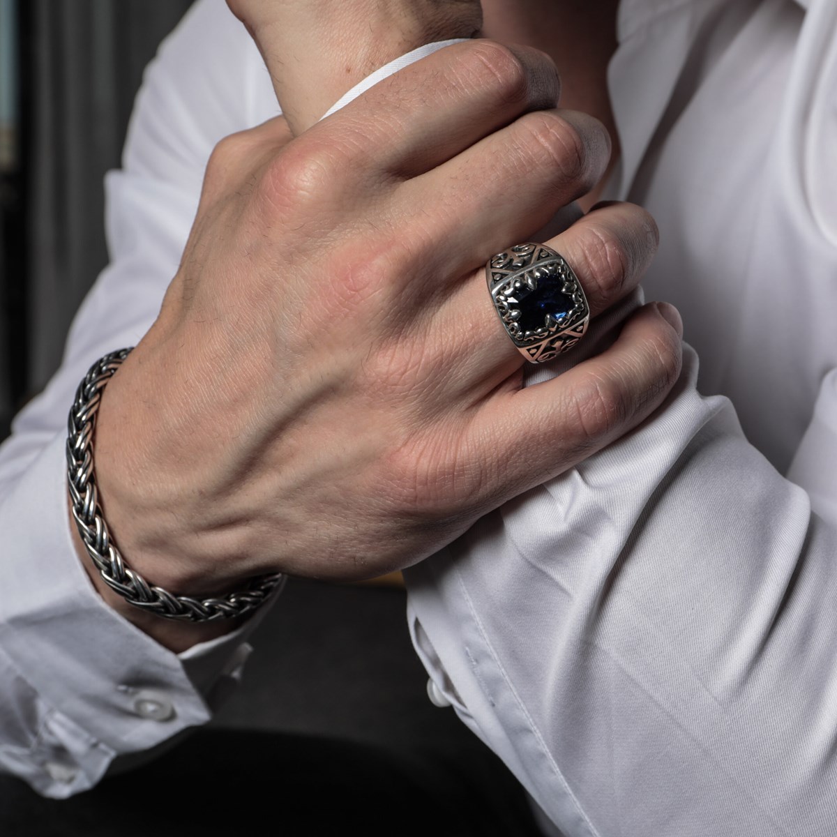 Chevalière Argent Homme Bleu Saphir L'esprit Du Roi