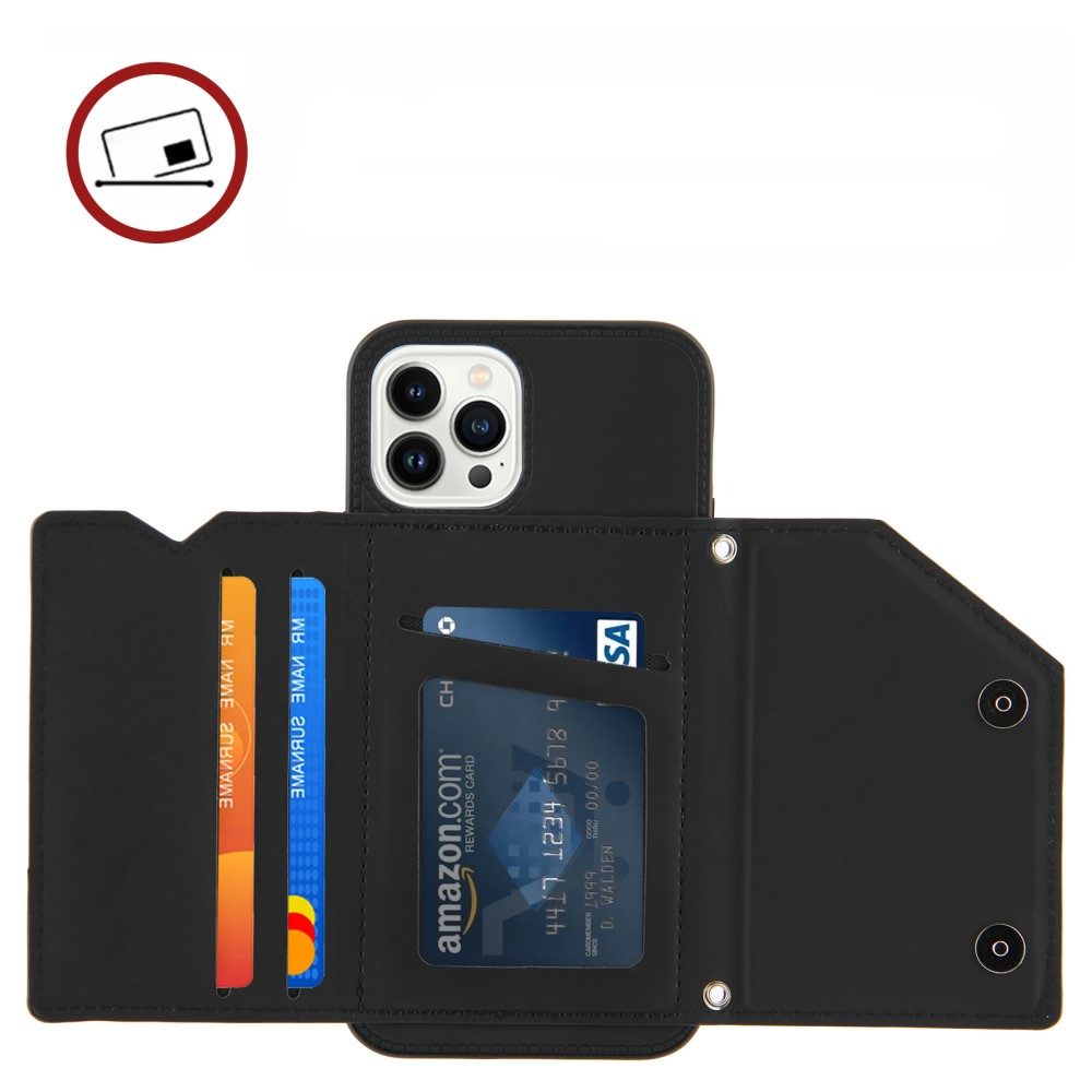 iPhone 15 Pro Max Necklace Leder Schutz Hülle mit Kartenfächer   Handykette (150cm) - Schwarz