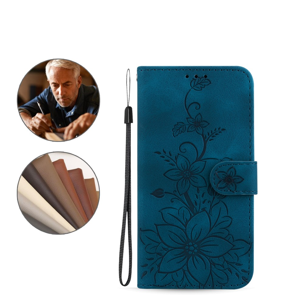 Samsung Galaxy S25 Ultra Leder Tasche Wallet - Blumen Imprint - Dunkelblau