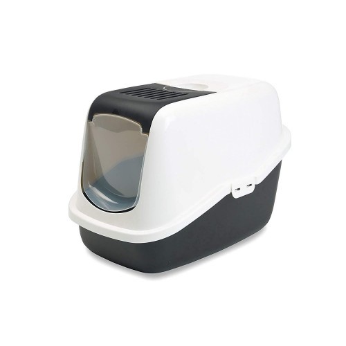 Caixa de areia coberta Nestor para gatos, branca/preta