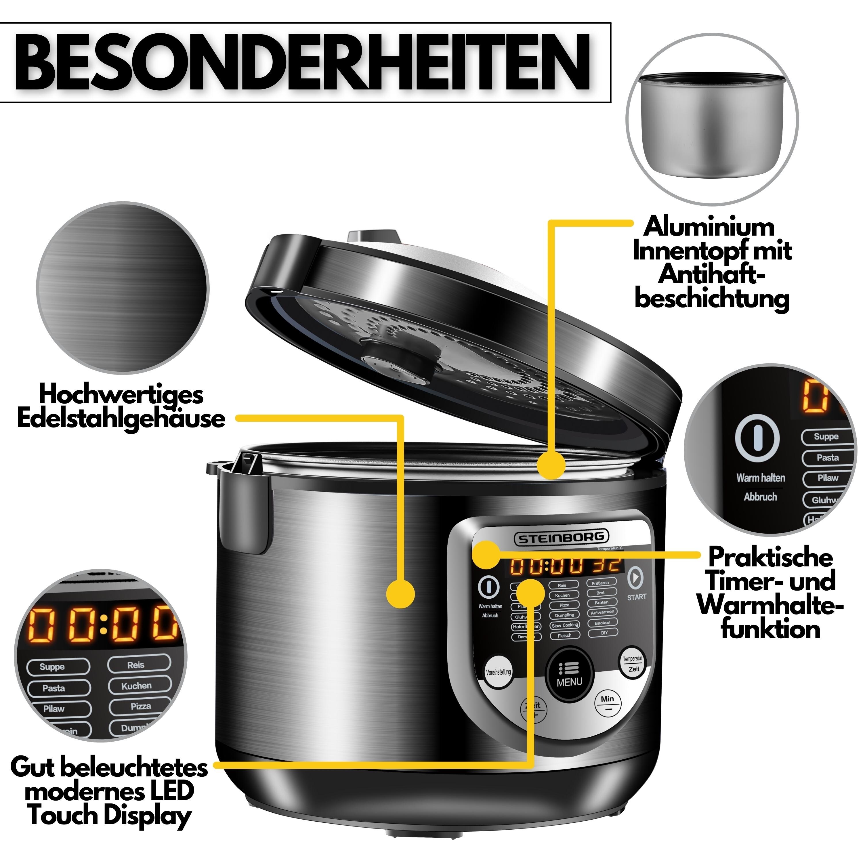 Steinborg digitaler Multikocher 5L Edelstahl 900W inkl. Rezeptbuch