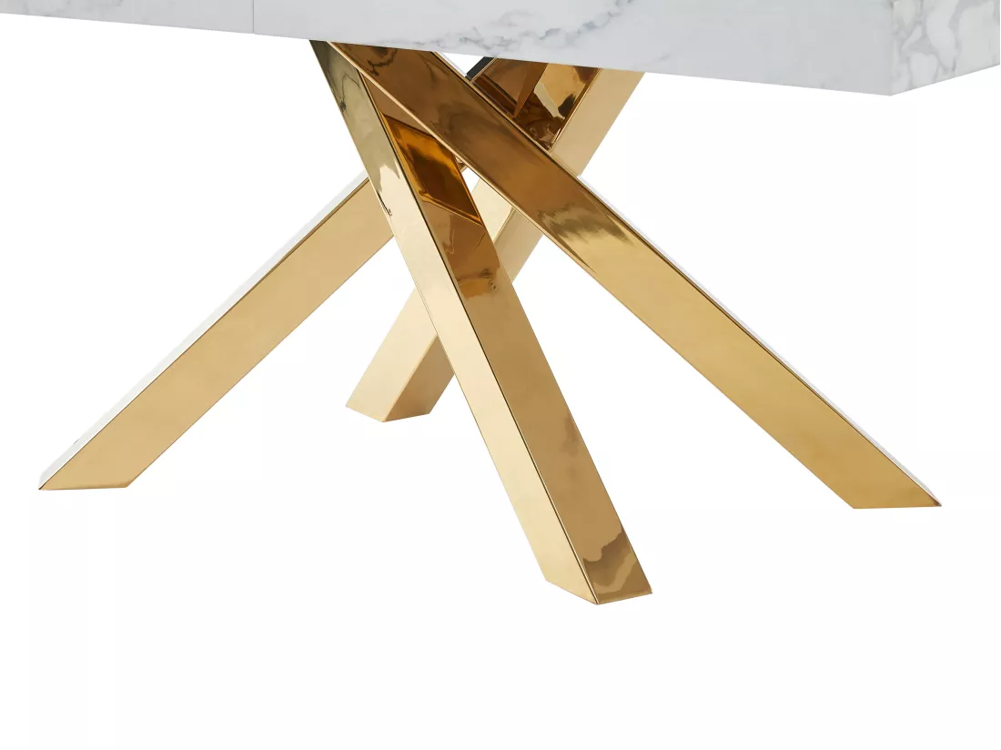 Table à manger extensible 6 à 10 personnes en MDF et métal - Effet marbre blanc et doré - CATONAV