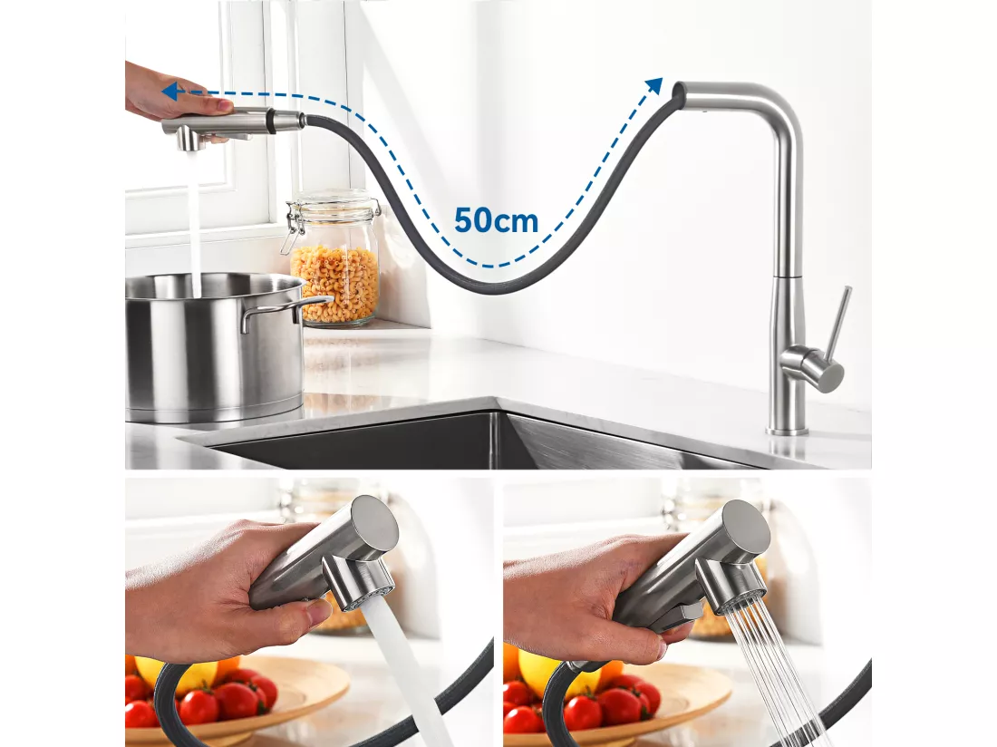 Mitigeur Cuisine extractible Brossé,Acier Inoxydable304,Évier Mélangeur 2 Modes Jets Eau Chaude/Froide,Robinet Télescopique pour Évier Légumes