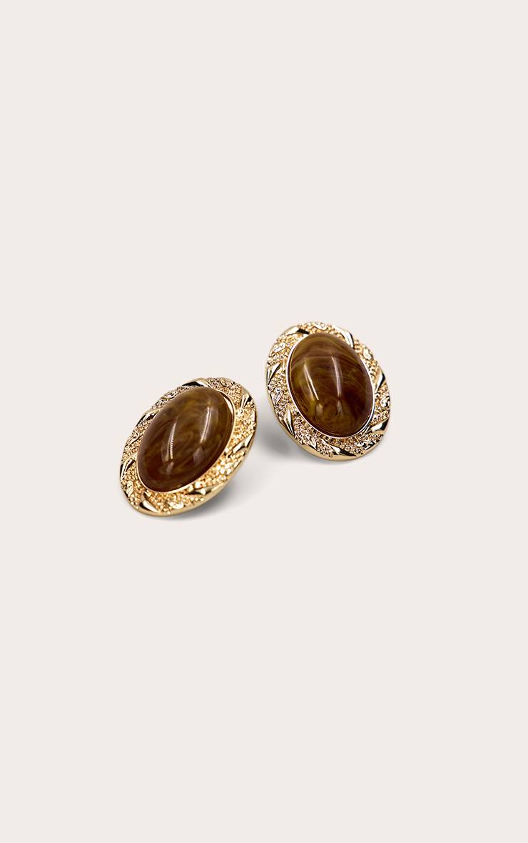 Doré Boucles D'oreilles Ovales En Résine Marron Fumé Texturée