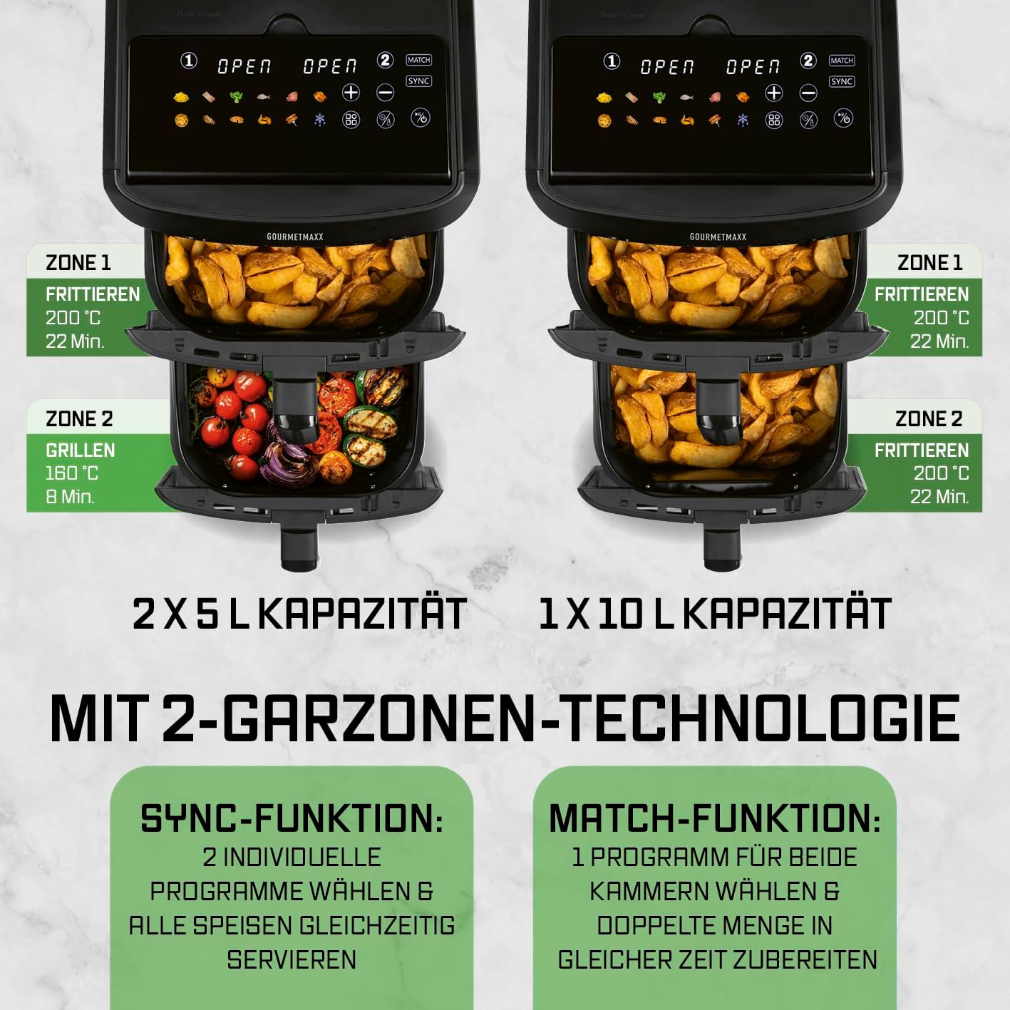GOURMETmaxx FryUp XL vertikale Doppelkammer Heißluftfritteuse mit Sichtfenster - 12 L | Airfryer mit 9,6 Zoll Multi-Colour LED-Touchdisplay & 12 Programmen | Heißluftfritteuse 2 Kammern mit Oberhitze