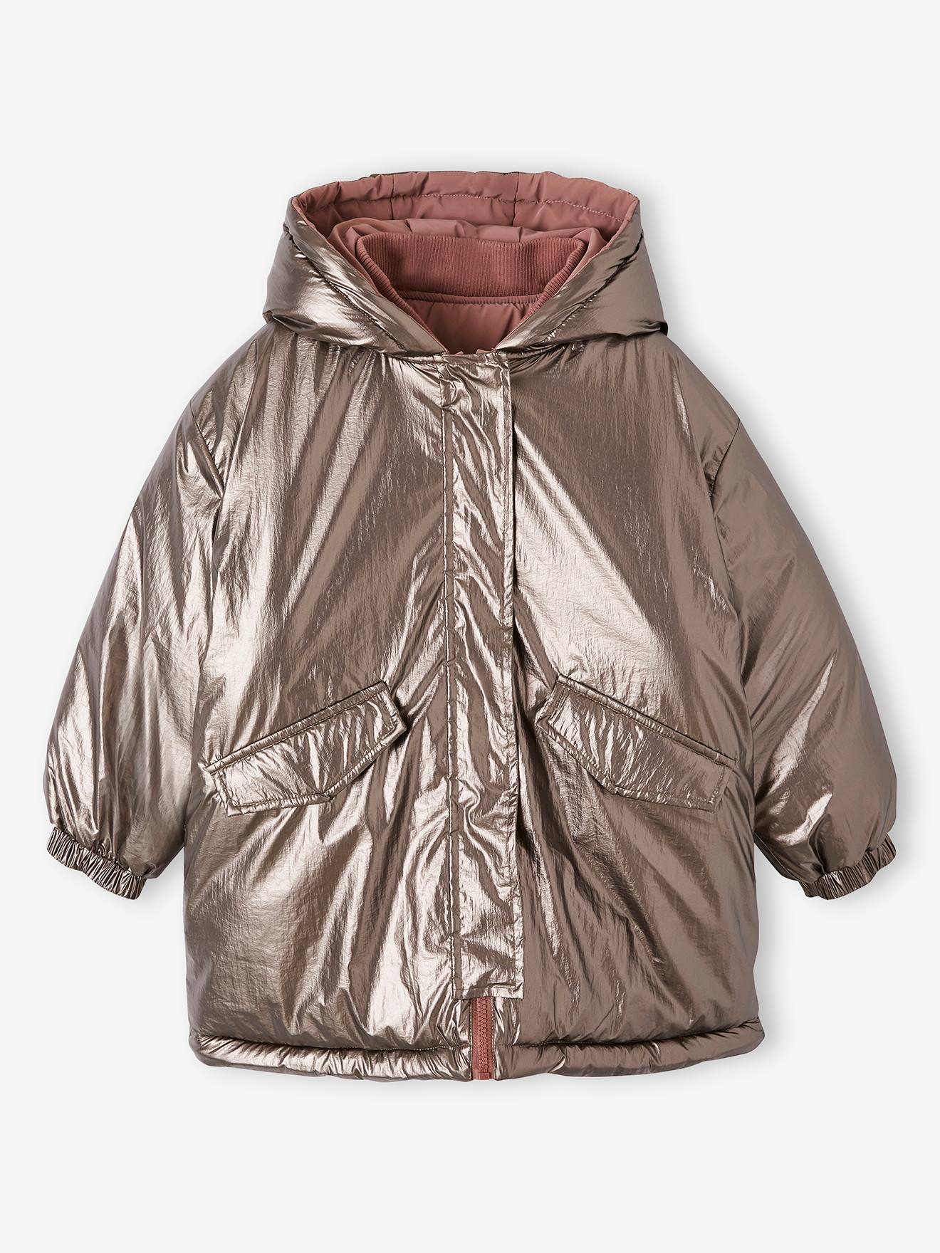 Parka reversível com efeito metálico, com capuz ou jaqueta acolchoada para meninas, prateada.