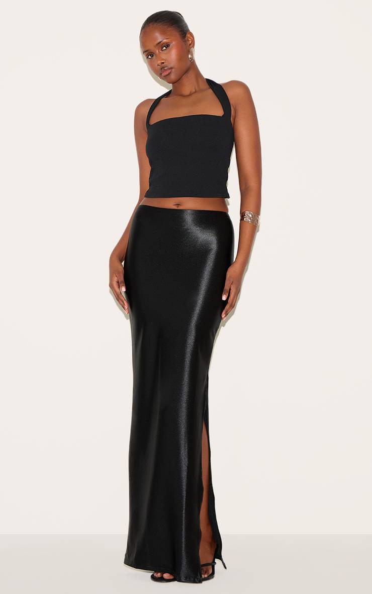 Noir Jupe Longue En Satin Stretch Avec Fente Latérale
