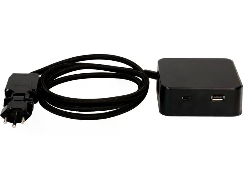 maxTex Steckdosenleiste Cube 3x T13, USB A/C, Schwarz/Schwa Mehrfachsteckdose im stylischen Design mit USB Charger A/C 18W, Textilkabel und clip-clap T12 Stecker