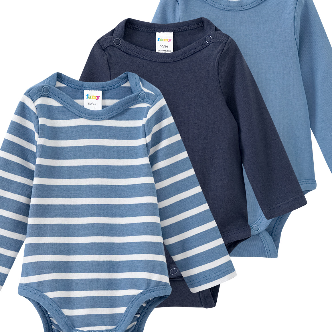 Famy 3 Baby Bodys mit Bio-Baumwolle blau / dunkelblau / weiss