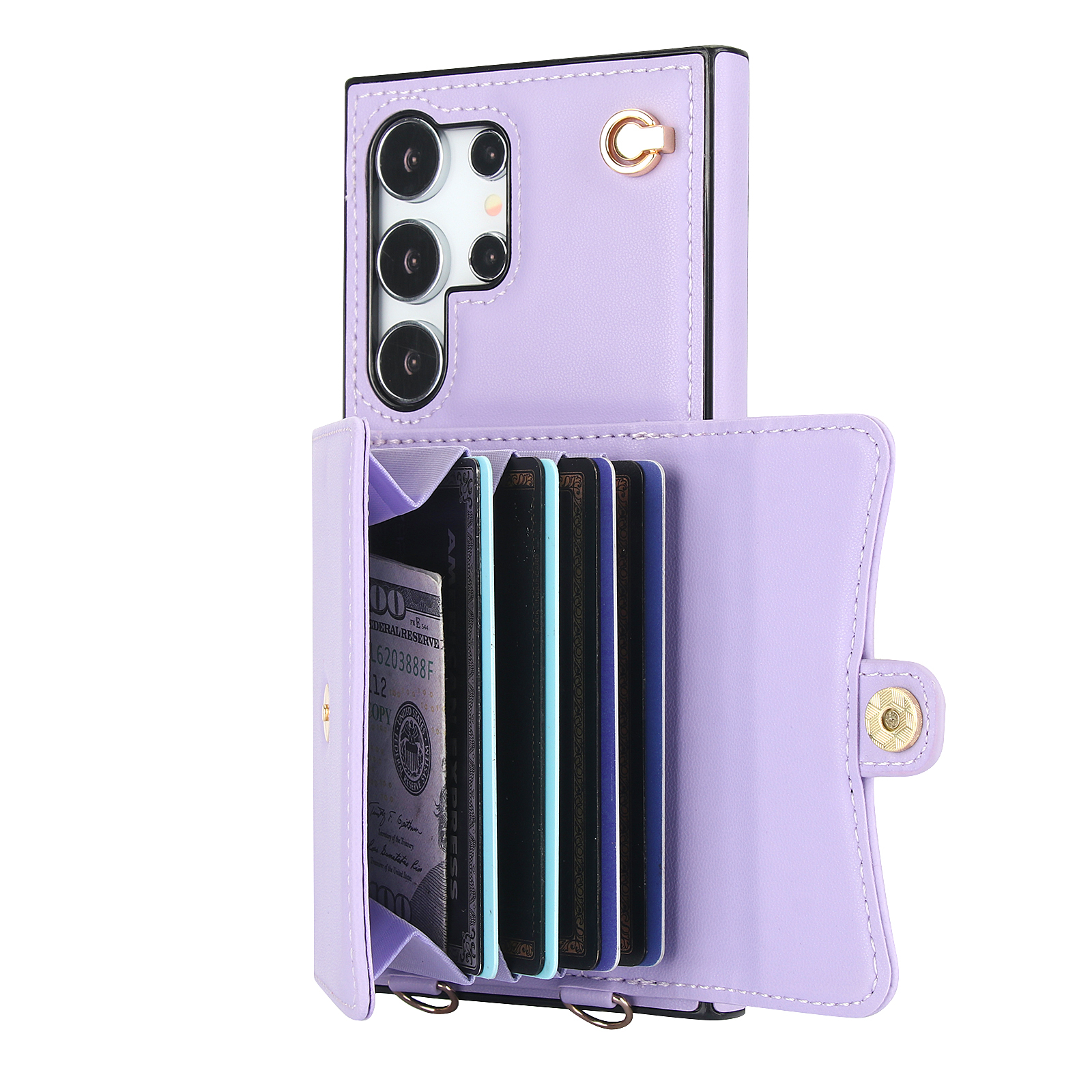 Samsung Galaxy S25 Ultra Necklace Leder Schutz Hülle mit Kartenfach   Handykette (140cm) - Lila