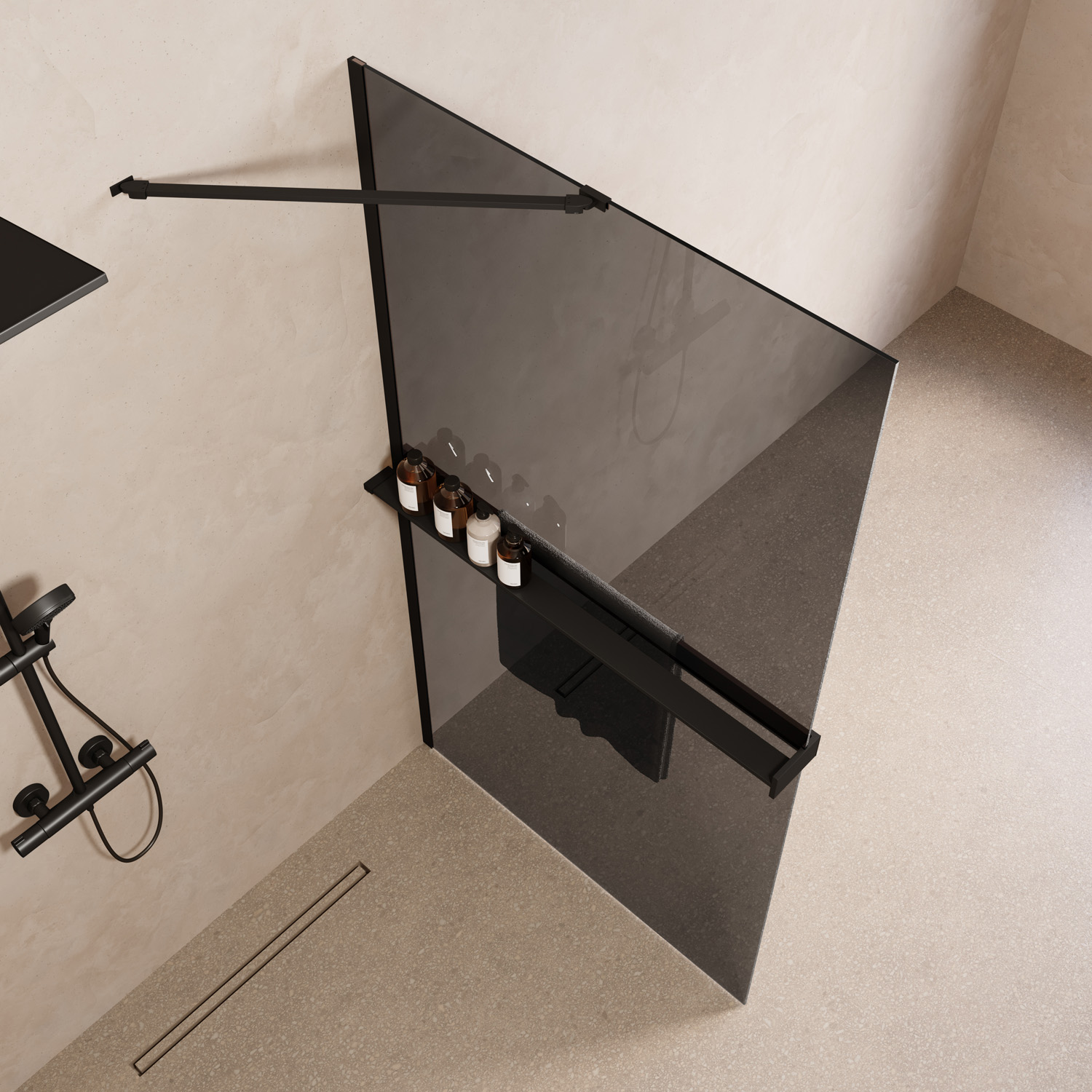 Saniclear Oblique inloopdouche 120cm met handdoekhouder en rookglas zwart mat
