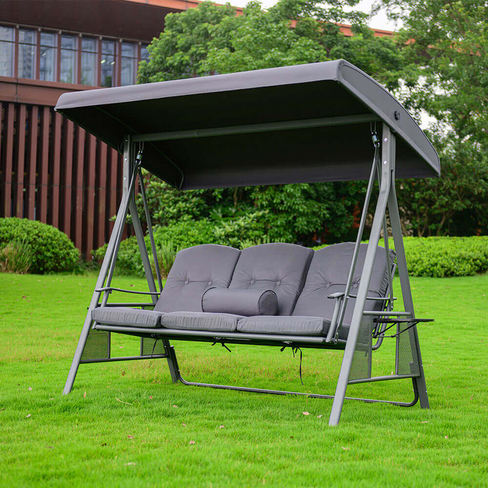 Home Deluxe - Descanso Tuinschommel, Grijs met Hoes - 3-Zits, B/H/L 115cm x 195cm x 198cm, incl. Bekerhouder, Zit- en Rugkussens | Tuinligstoel, Tuinlounge, Schommelstoel