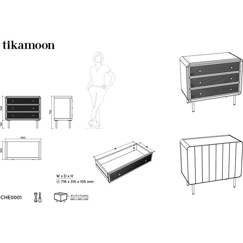 Commode de rangement en chêne massif et cannage Come