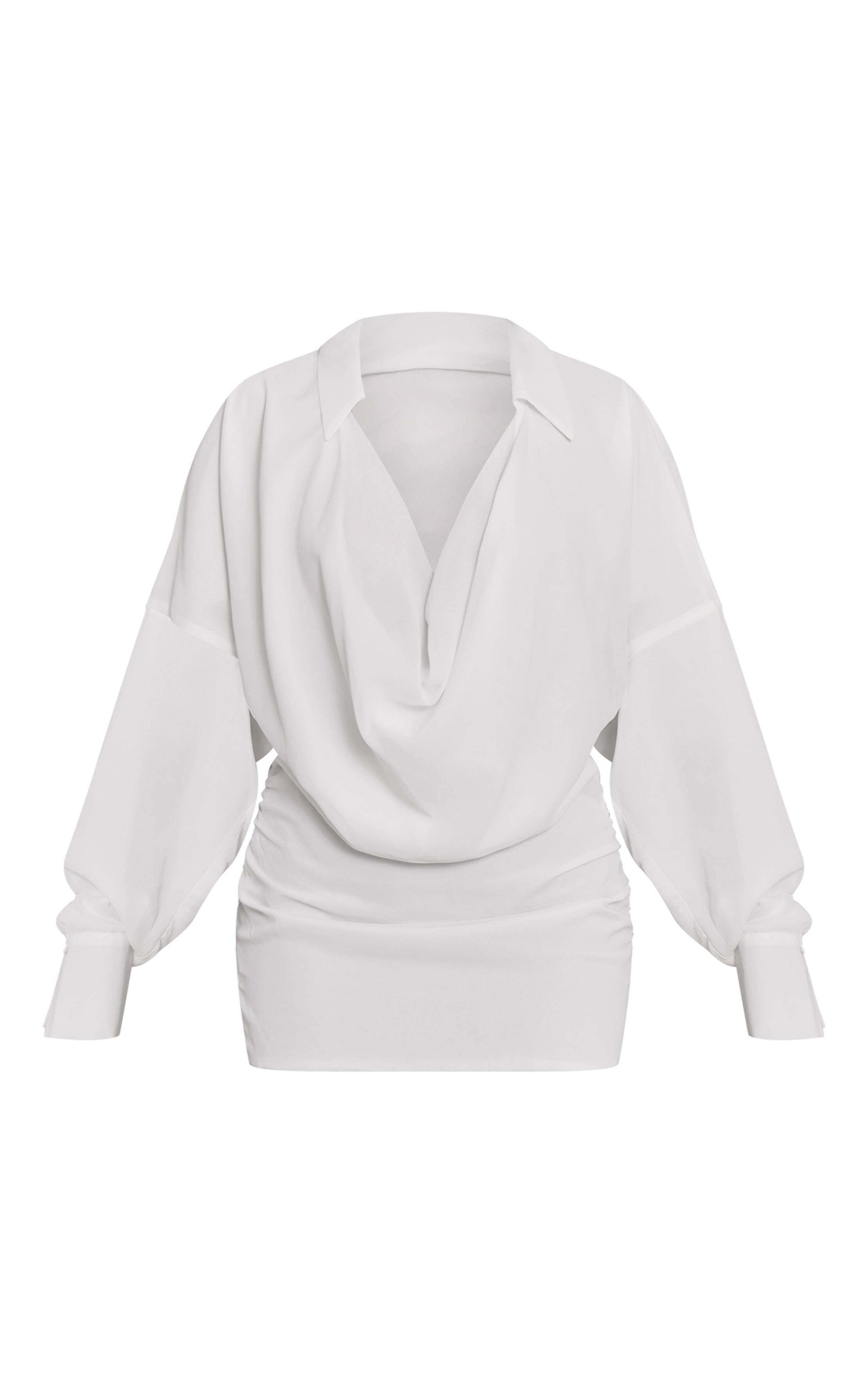Blanc Robe Courte En Mousseline Col Drapé Et Col Chemisier Petite