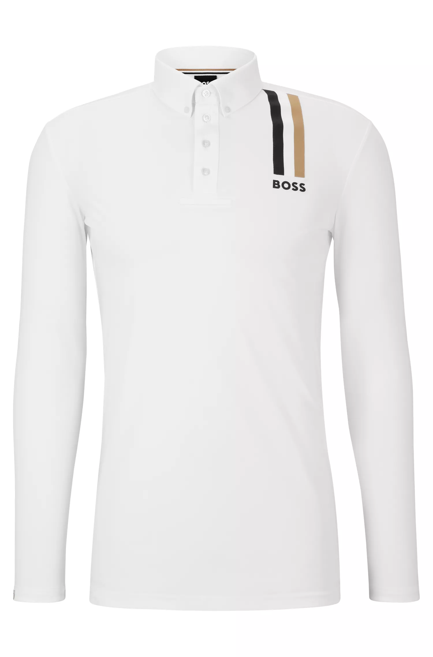 Camisa de competição BOSS preta para equitação com listra e logotipo característicos.