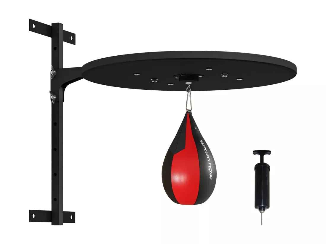 Punching ball poire de vitesse boxe avec support plateau tournant + pompe MDF acier revêtement synthétique rouge noir