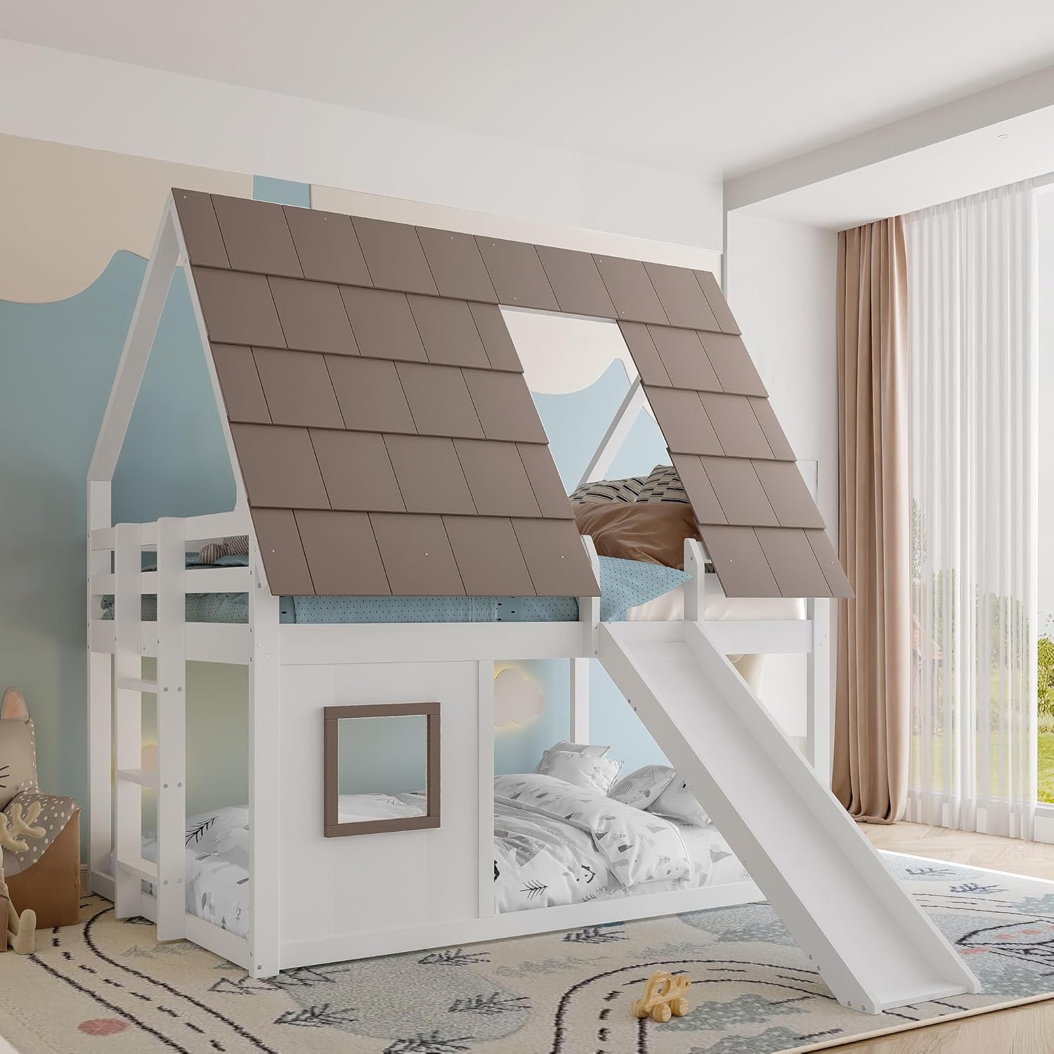 Merax Etagenbett Kinderbett 140x200, Hausbett Hochbett mit Rutsche&Leiter&Fenstern&Dach, Bett mit Lattenrost & Rausfallschutz, Unteres Bett auch als Spiel-/Lernbereich nutzbar, Ohne Matratze, Weiß