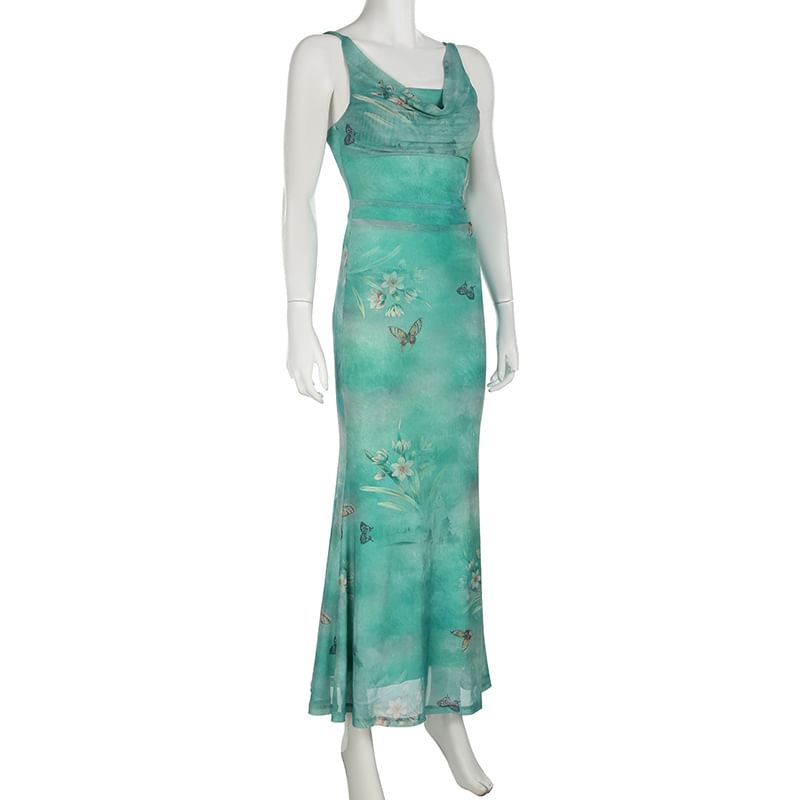 BrickBlack - Spaghettibandjes coljurk met bloemenprint en vlinderprint, maxi-zeemeerminjurk