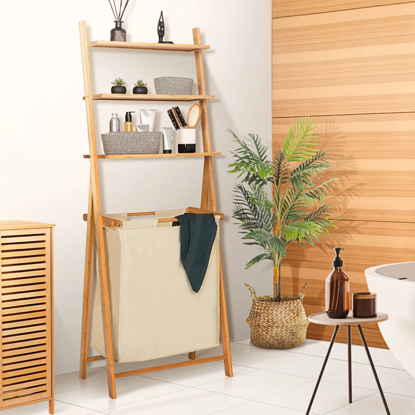 Panier à linge 2 bacs bambou LANA avec étagères tissu écru