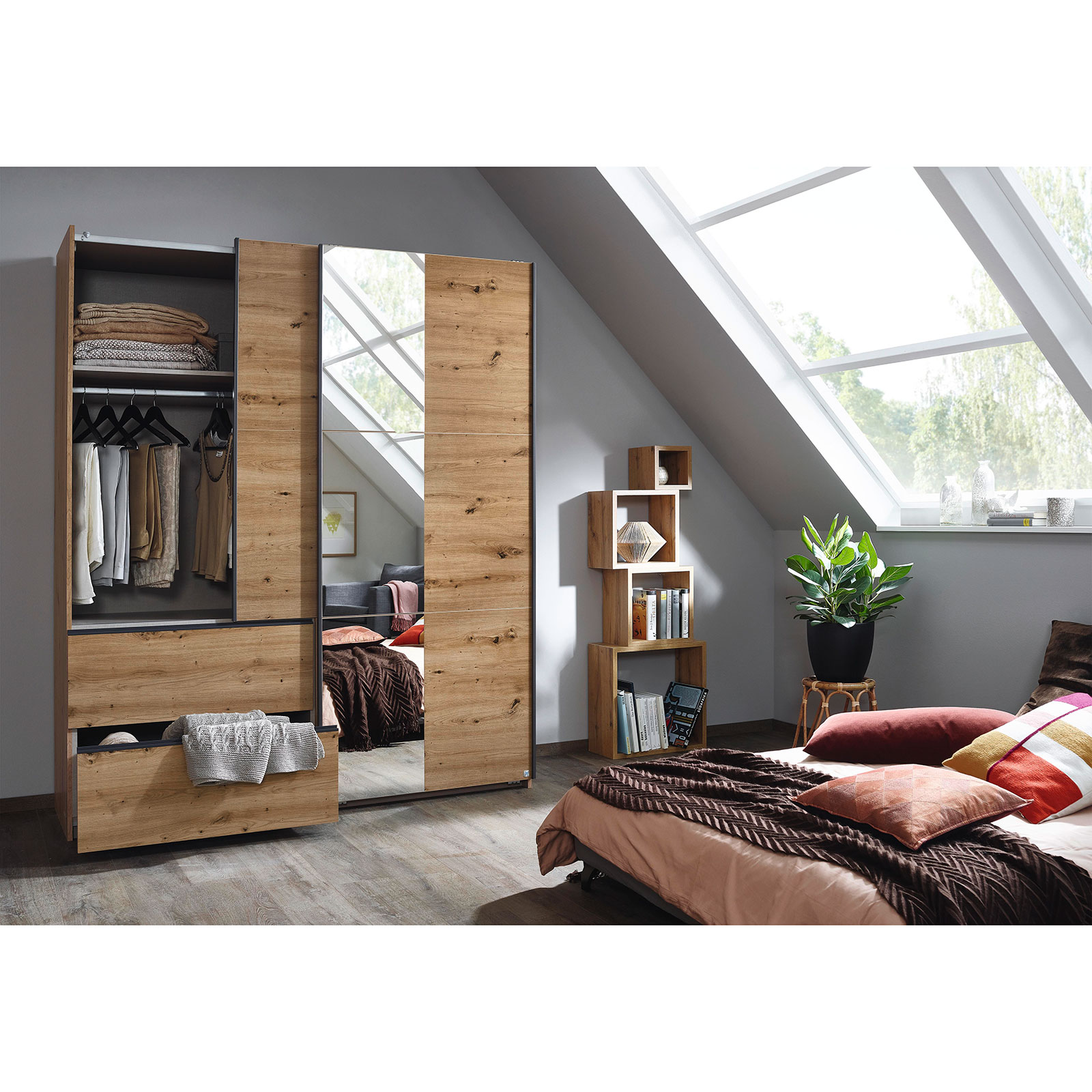 Schwebetürenschrank - Eiche Artisan - mit Spiegel - 175 cm