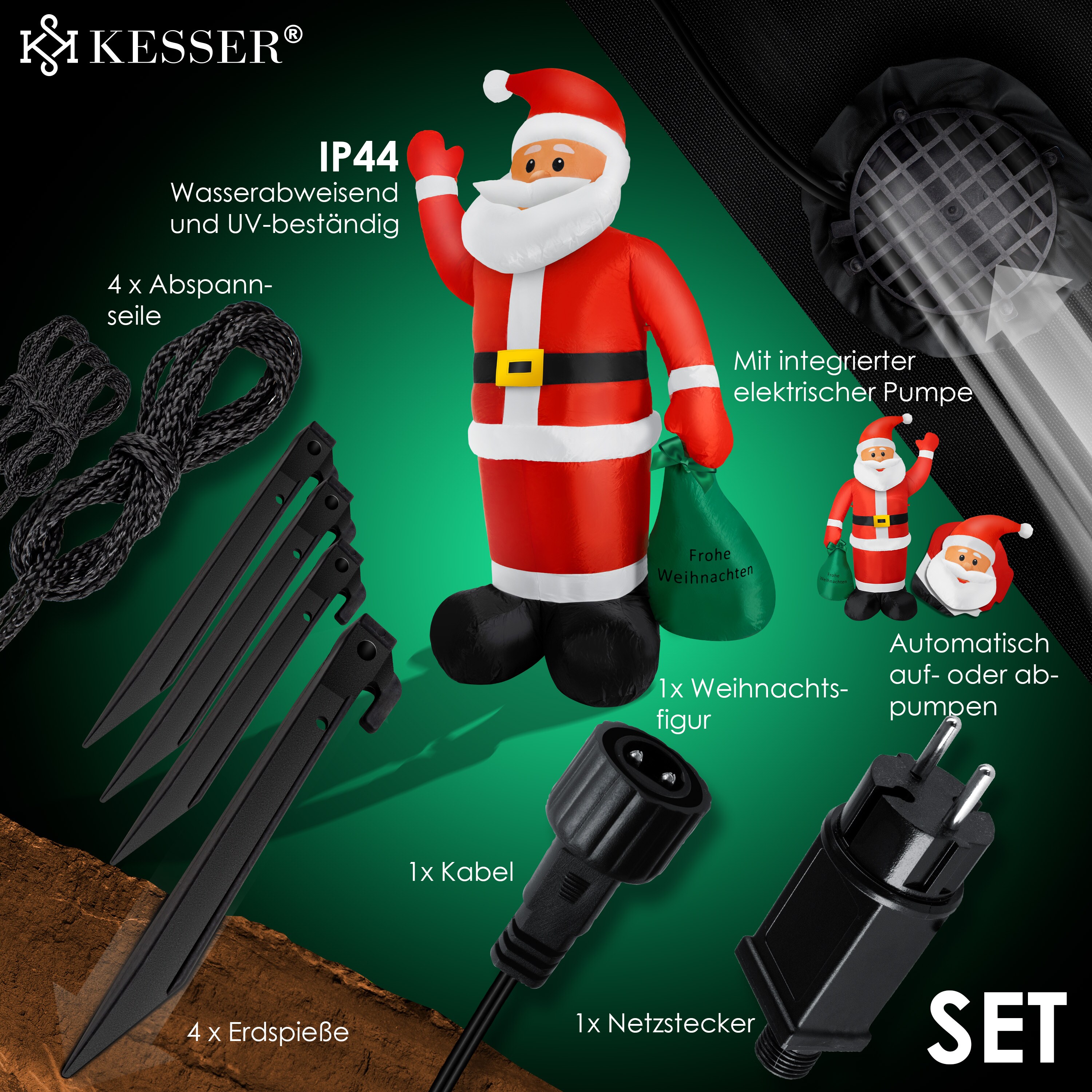 KESSER® Aufblasbarer Weihnachtsmann XXL LED beleuchtet inkl. Befestigungsmaterial Weihnachtsdekoration WeihnachtsdekoFigur , geräuscharmes Gebläse,Nikolaus Santa witterungsbeständig IP44