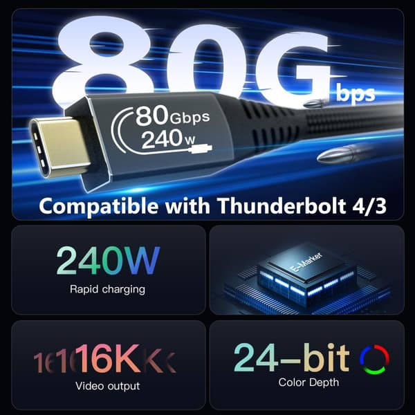 NÖRDIC 2m Thunderbolt 5 kabel 80Gbps dataoverføring 240W lading 120Gbps båndbredde 16K60Hz 8K60Hz 4K540Hz