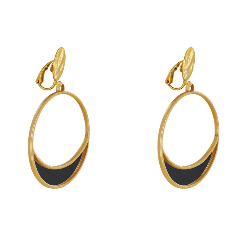 Boucles d'Oreilles Clip Métal Doré Cercle et Croissant de Lune Translucide Coloré