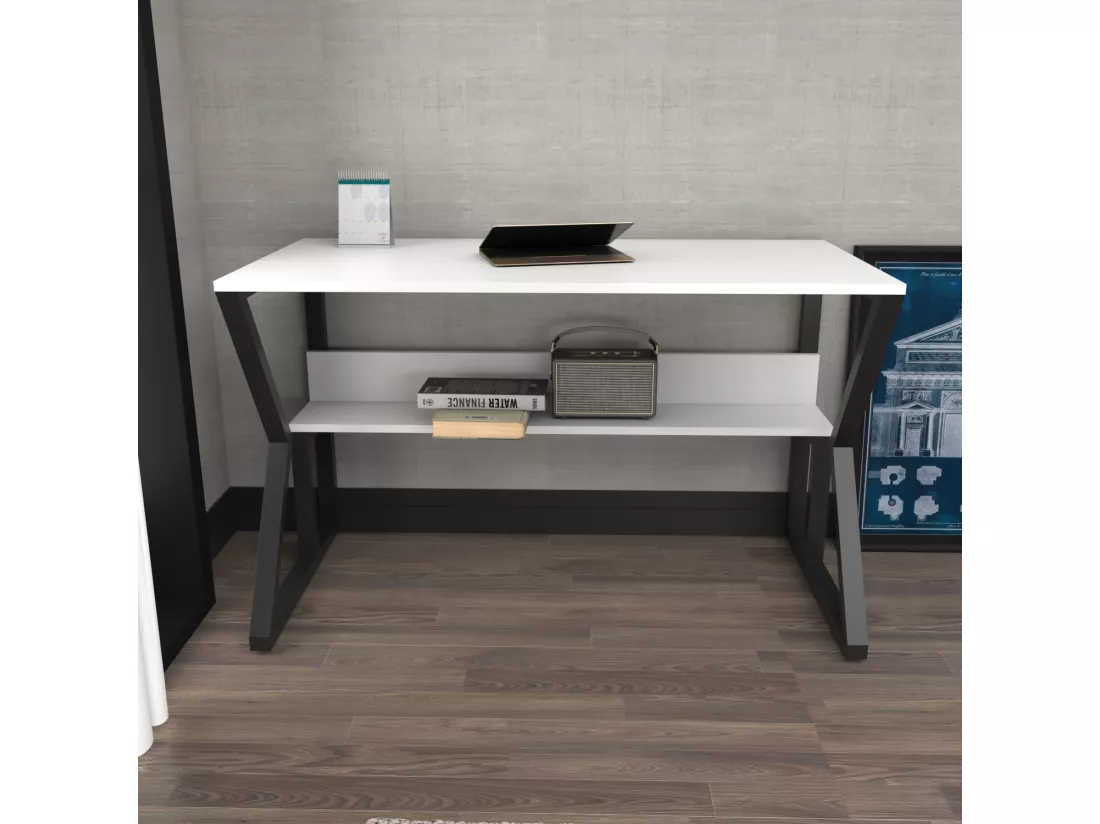 Bureau avec le cadre en métal et étagère secrète (Noir et blanc)