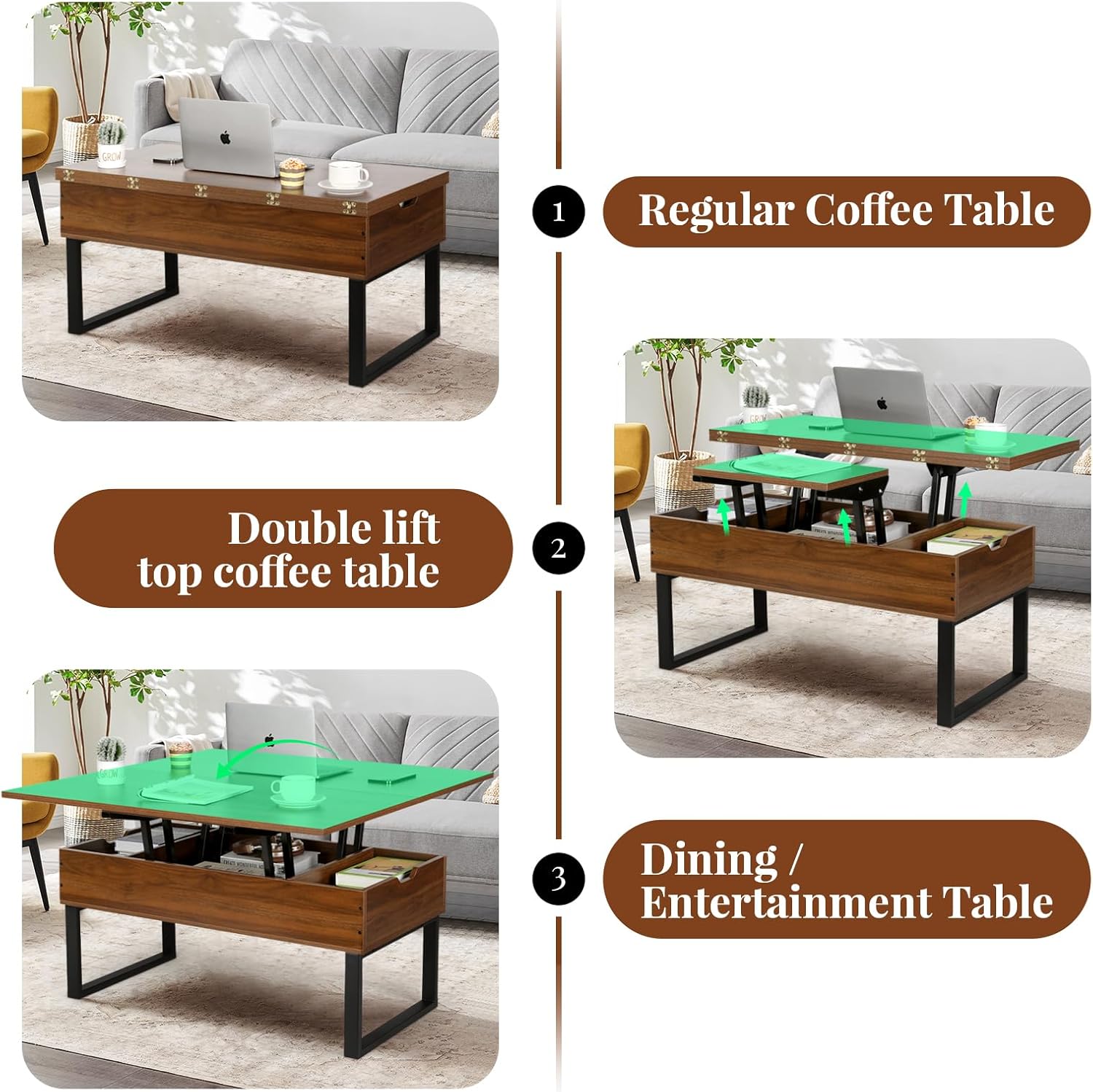 VOWNER Couchtisch Höhenverstellbar, 3-in-1-Multifunktions-Wohnzimmertisch mit Versteckter Aufbewahrung, Couchtisch Umwandelbar in Wohnzimmer-Esstisch, Walnussfarbe