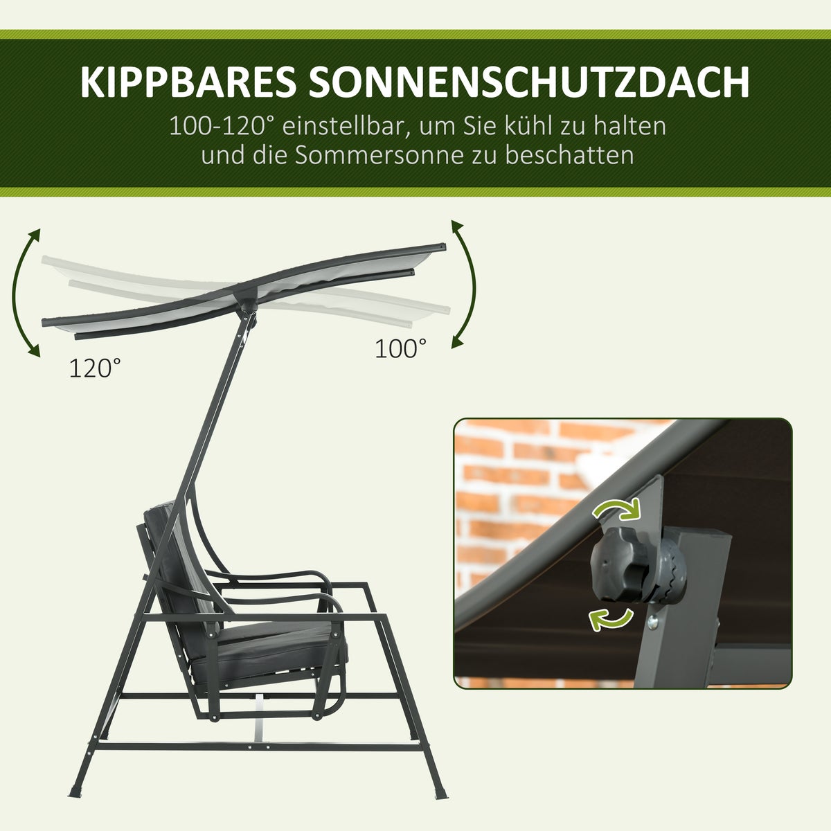Outsunny Hollywood Swing, 2-zits tuinschommel met verstelbare parasol, zitkussen, voor balkon, donkergrijs, 148 x 129 x 172 cm, staal, donkergrijs