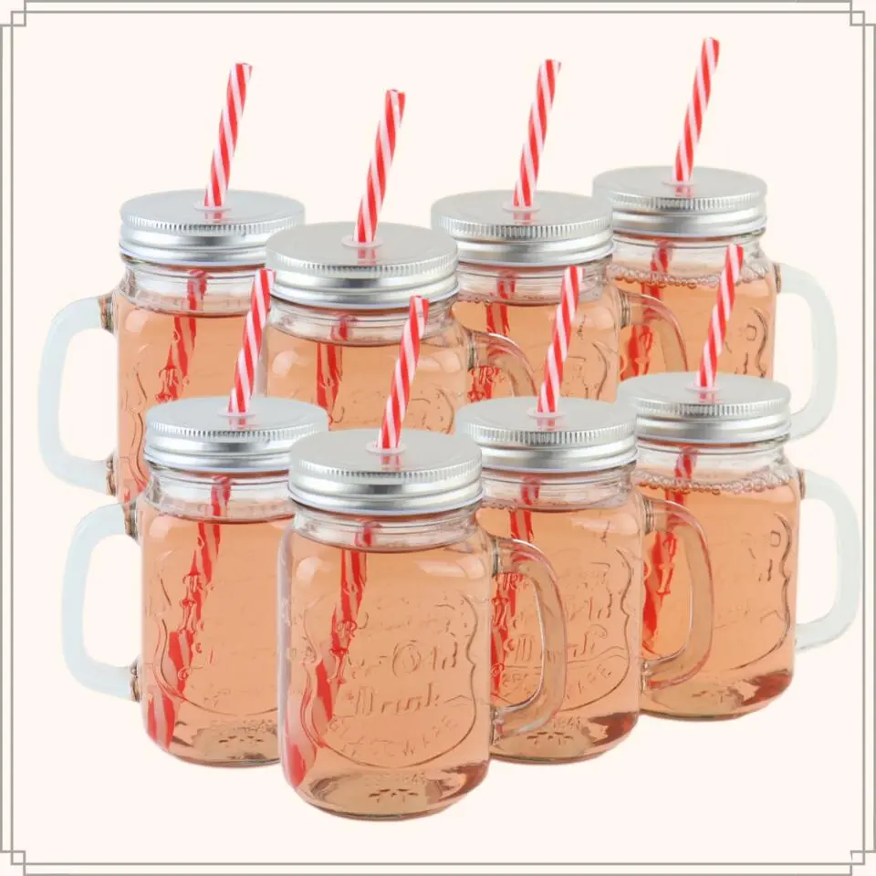 OTIX Mason jar Drinkbeker met Rietje Set van 8 Zilvere dop 450 ml