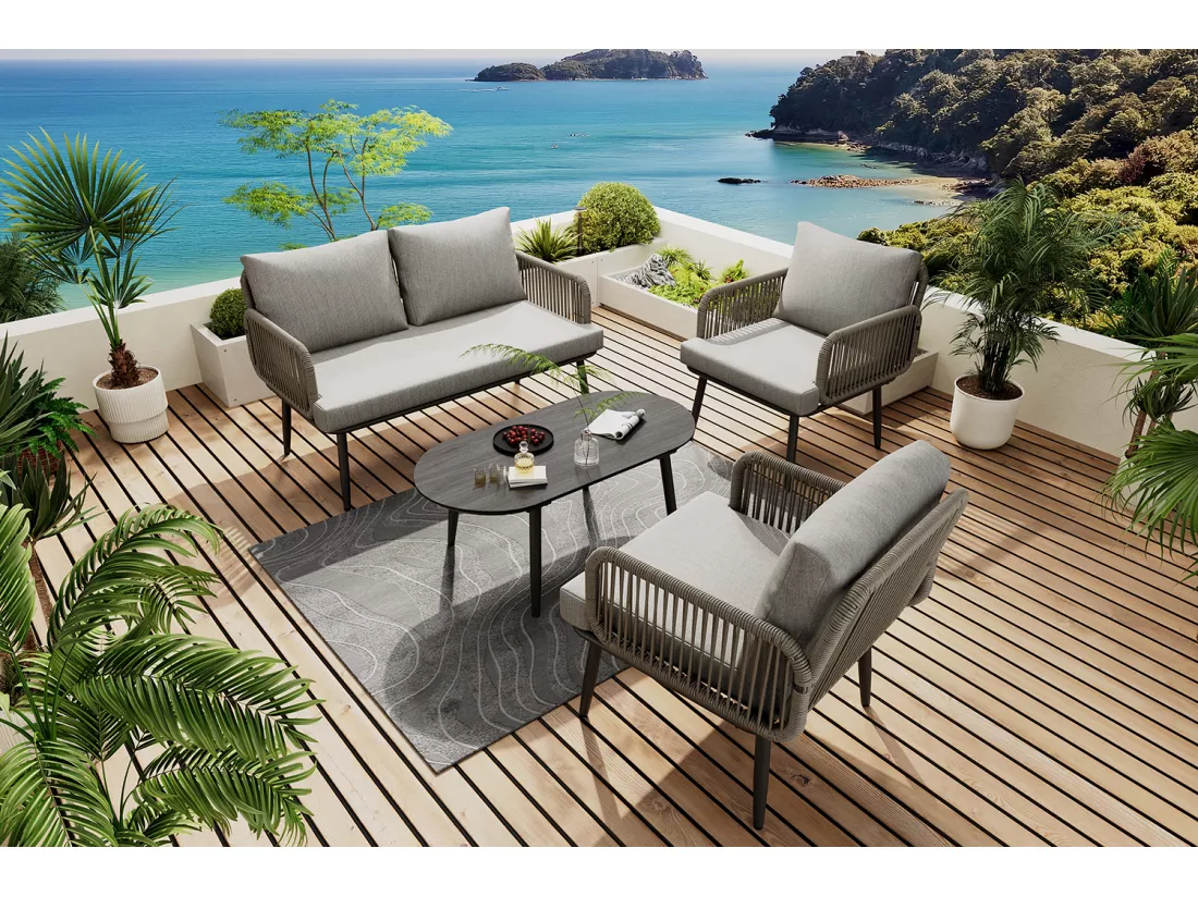 Salon de jardin modulable 4 places en acier galvanisé : 1 canapé 2 places + 2 fauteuils + table basse ovale - Gris