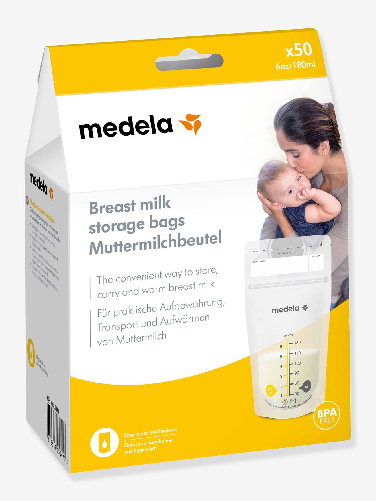 Caixa com 50 sacos para armazenamento de leite materno Medela Pump & Save, incolores.