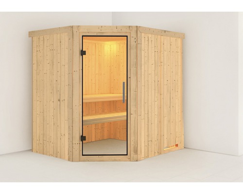 Plug & Play Sauna Karibu Silja zonder kachel, zonder dakrand, met volledig glazen deur van helder glas