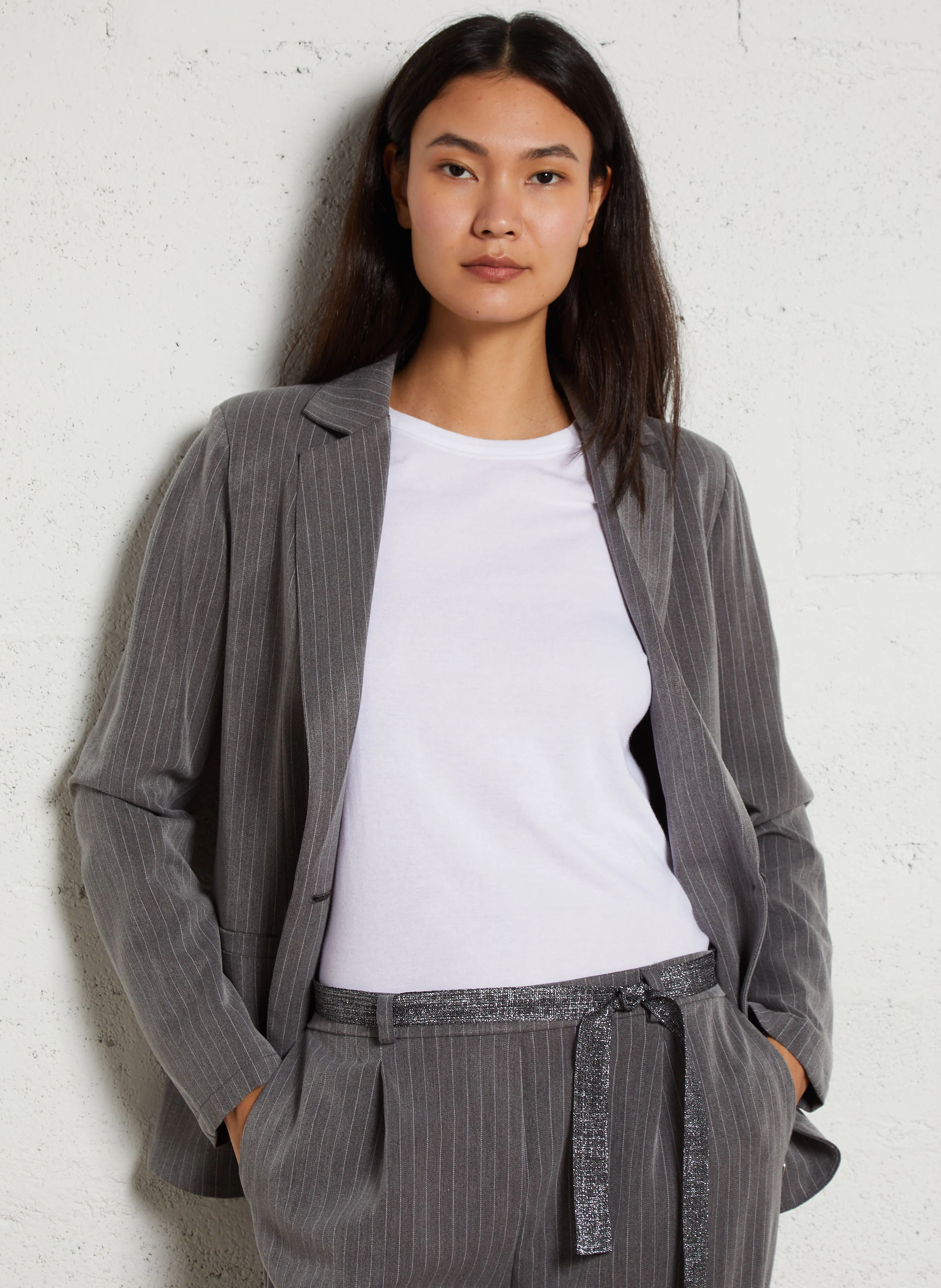 Blazer col tailleur droit à rayures | Gris