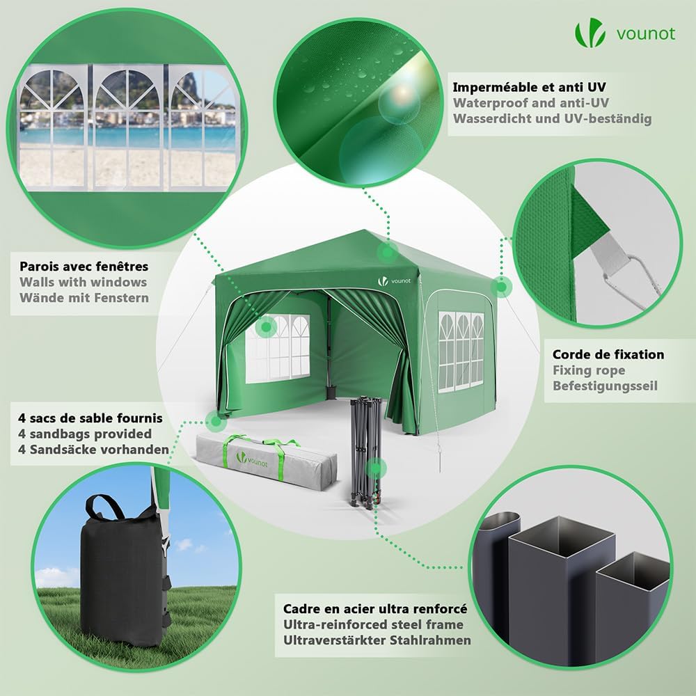 VOUNOT® Pavillon 3x3m mit 4 Seitenteilen & 4 Sandsäcke, Pop Up Faltpavillon, Wasserdicht, Faltbar Gartenzelt Partyzelt, inkl. Tasche, Grün