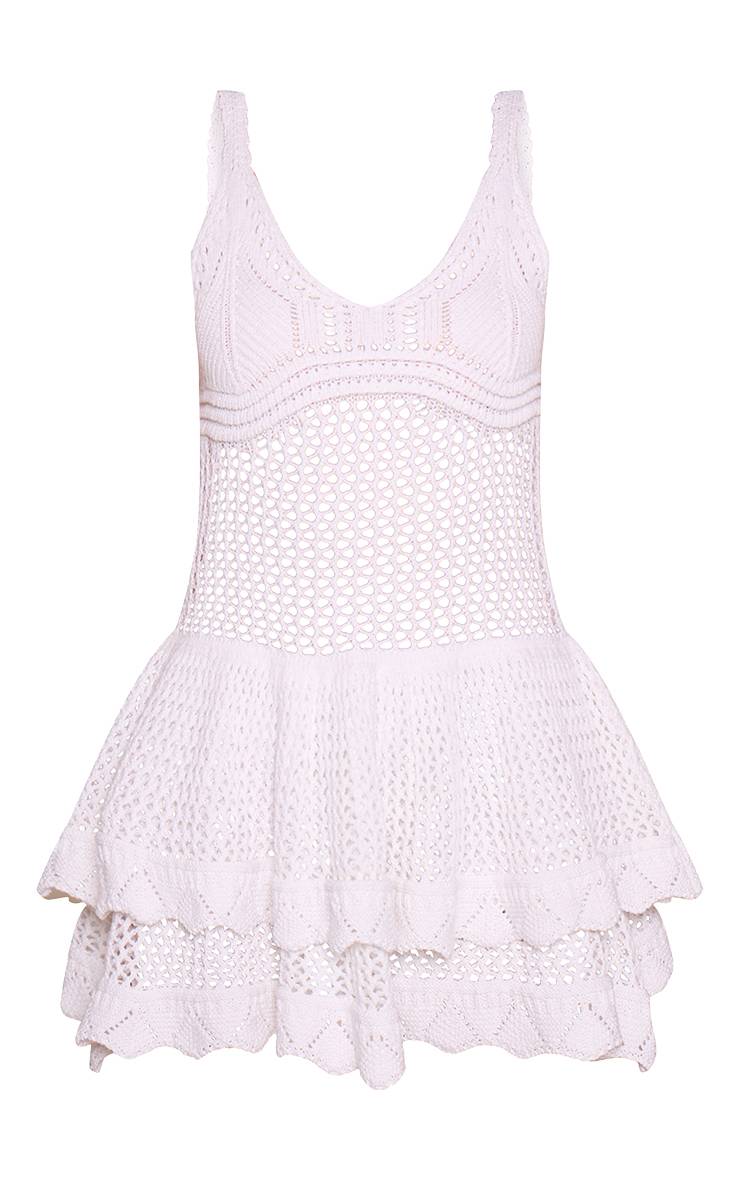 Crème Robe Mini À Col Rond Avec Volants En Maille Crochet