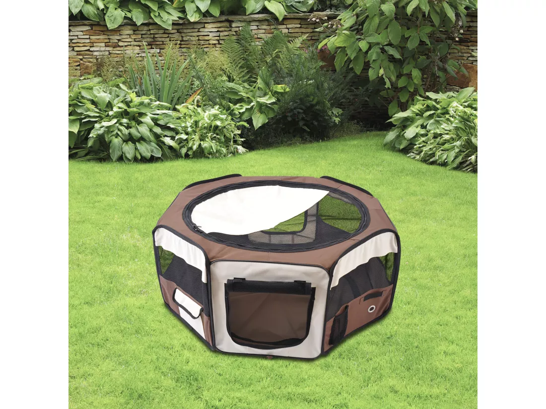 Parc enclos pliable chien chat Ø 90 x 41H cm - 2 portes, 2 poches, sac transport - acier Oxford marron beige