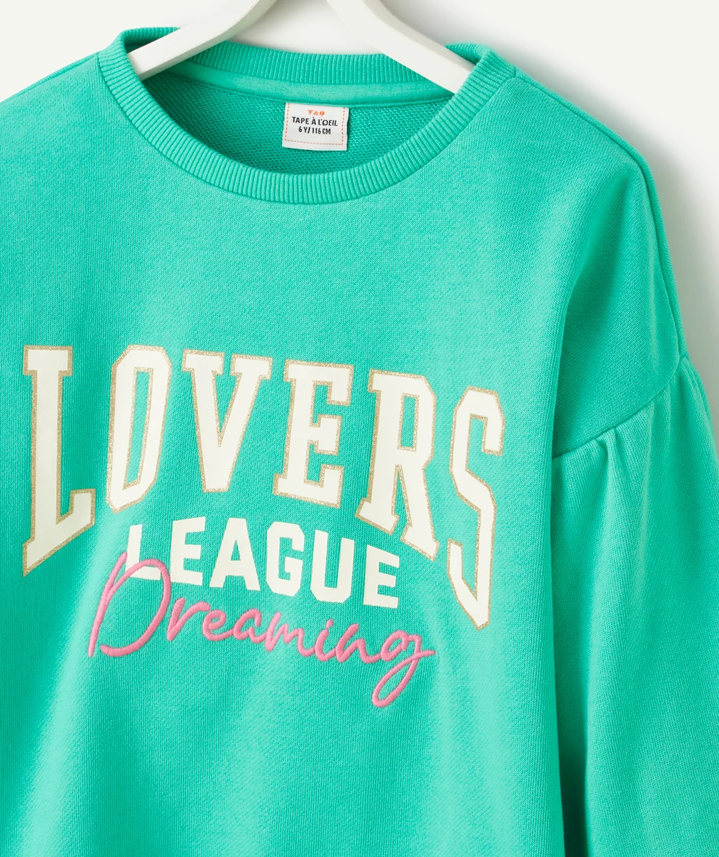 SWEAT FILLE VERT AVEC MESSAGE BRODÉ ET PAILLETÉ