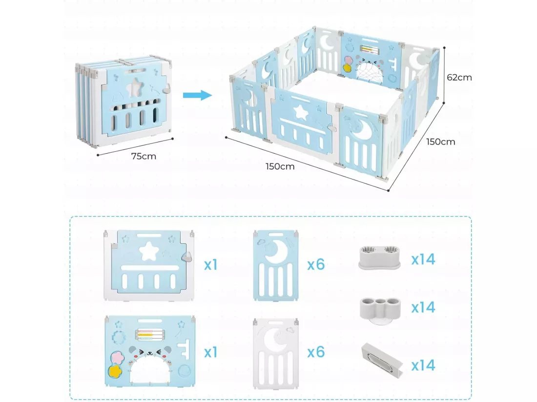 Parc Bébé 12+2 Panneaux,Barrière de Sécurité Portail,Grille de Protection en Plastiqu Ecologiques,150x150x62cm - Bleu