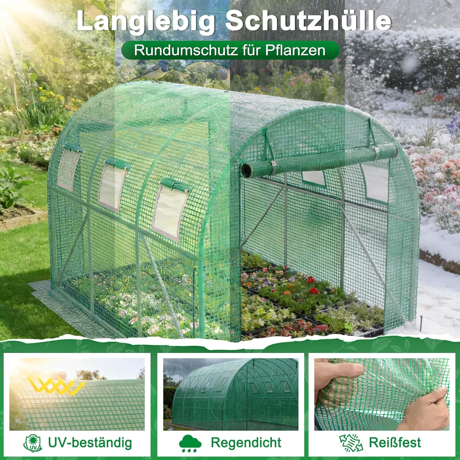 Gewächshaus 3x8 m (24 m²) – Garten Foliengewächshaus mit 16 Fenstern, UV-beständig, verzinkter Stahlrahmen, Moskitonetz, ideal für Gemüse, Tomaten, Blumen, Tomatenhaus, grün